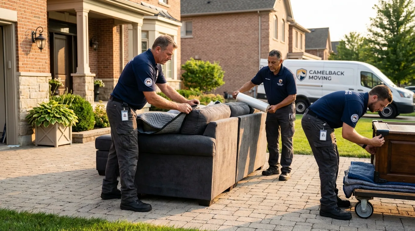 Large estate moving crew wrapping furniture in Fitchburg, MA