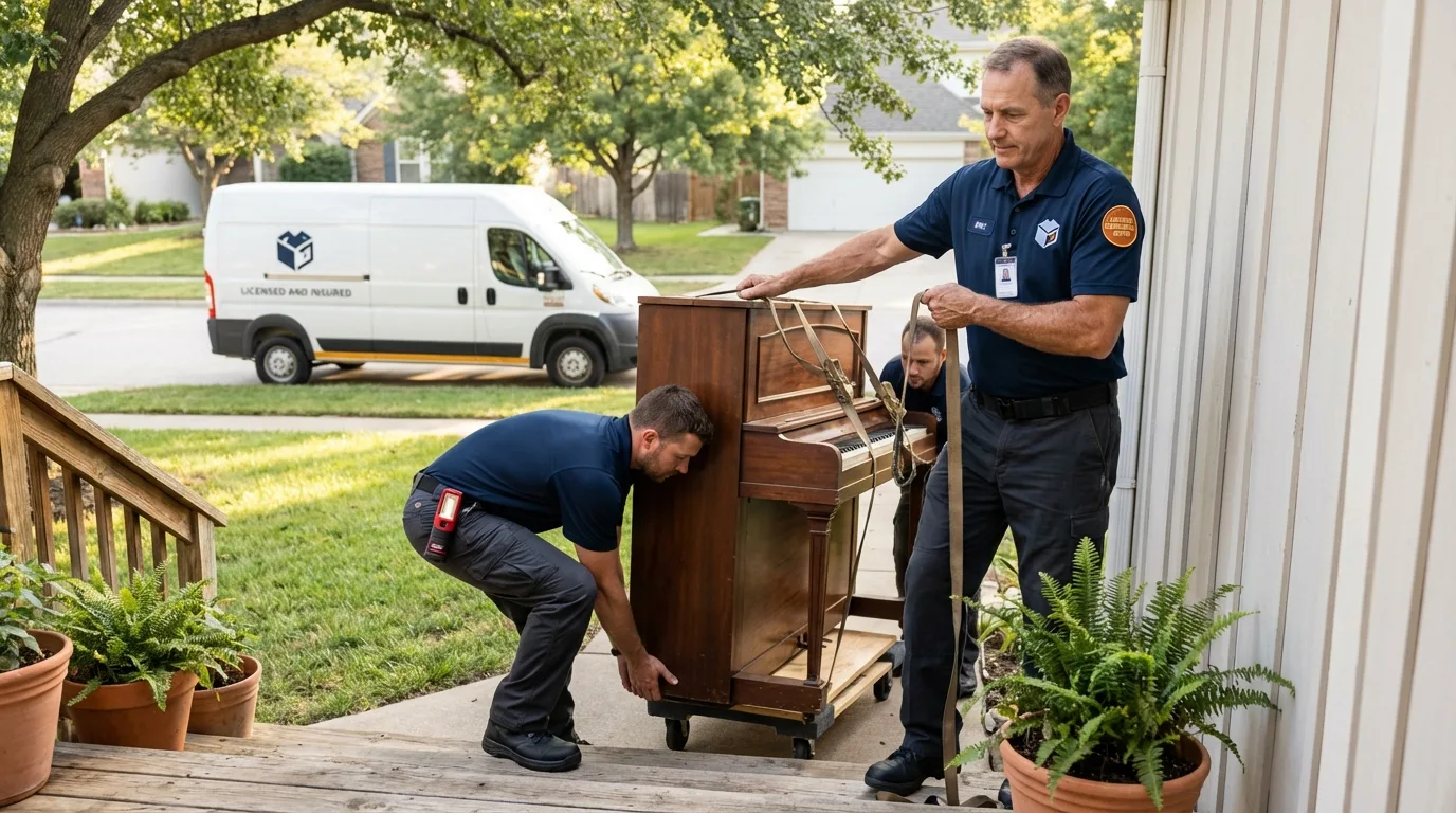 Licensed piano movers securing grand piano in Fitchburg, MA
