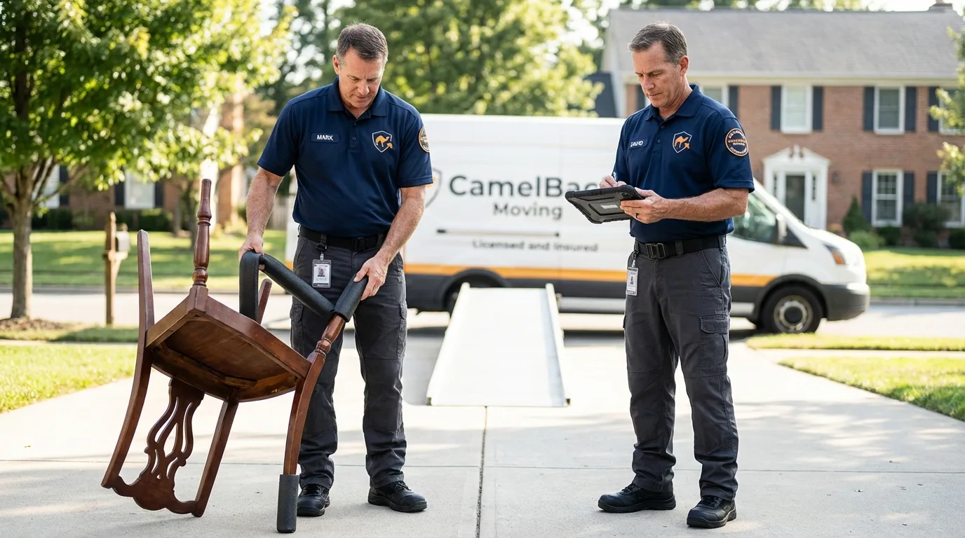 Movers inspecting furniture for damage prevention before loading in Fitchburg, MA
