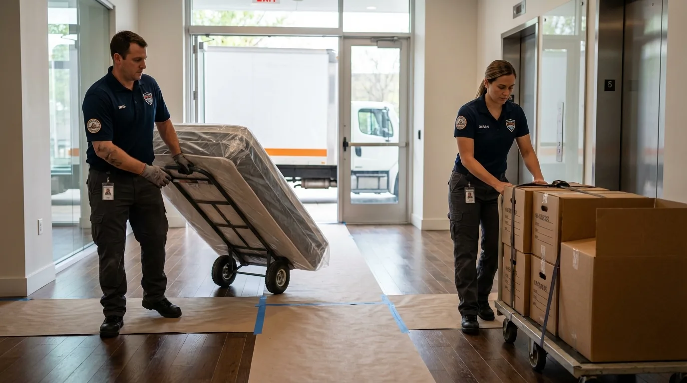 Professional apartment movers loading elevator in Fitchburg, MA