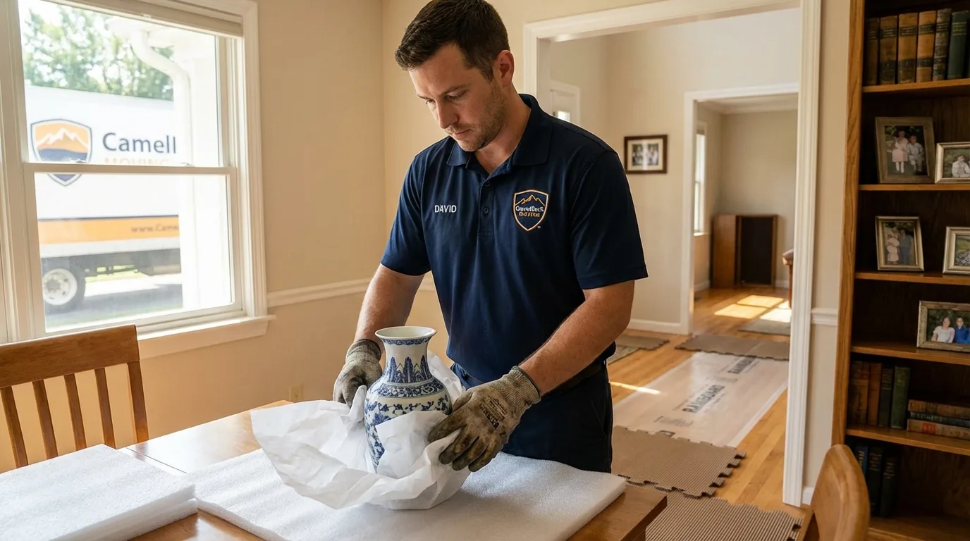 Professional crew carefully wrapping antique vase for senior downsizing move in Fitchburg, MA