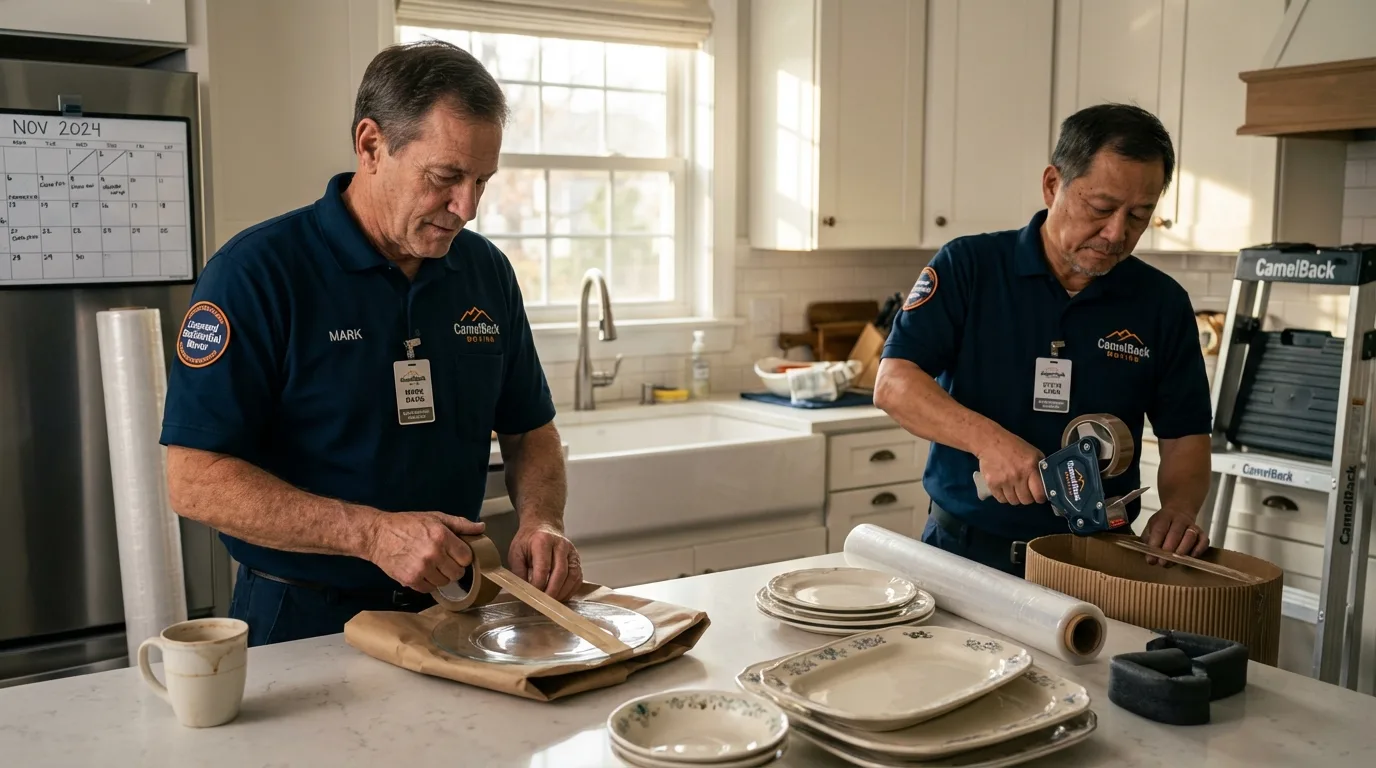 Professional crew packing kitchen dishware in Fitchburg, MA